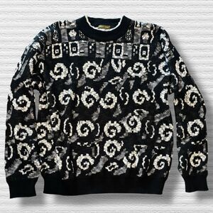 Vtg Point Zero Grandpa Sweater Mens M Black White Abstract Knit 90s 80s